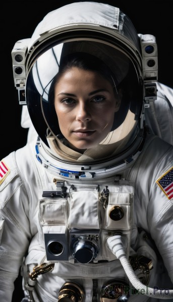 1girl,solo,looking at viewer,blue eyes,simple background,black hair,1boy,closed mouth,upper body,male focus,black eyes,lips,helmet,black background,science fiction,realistic,space,american flag,spacesuit,japanese flag,astronaut,reflection,straight-on,planet,earth (planet),space helmet