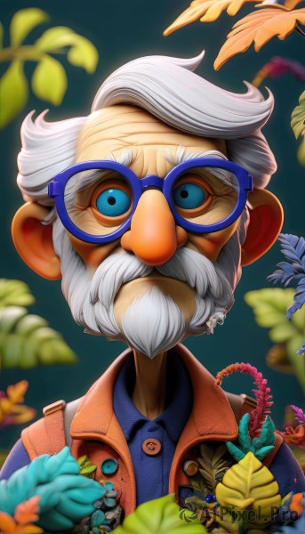 solo,looking at viewer,blue eyes,shirt,1boy,jacket,upper body,white hair,grey hair,male focus,glasses,collared shirt,blurry,depth of field,blurry background,facial hair,leaf,blue shirt,plant,portrait,beard,mustache,old,old man,blue-framed eyewear,flower,artist name,bandages,brown jacket,round eyewear