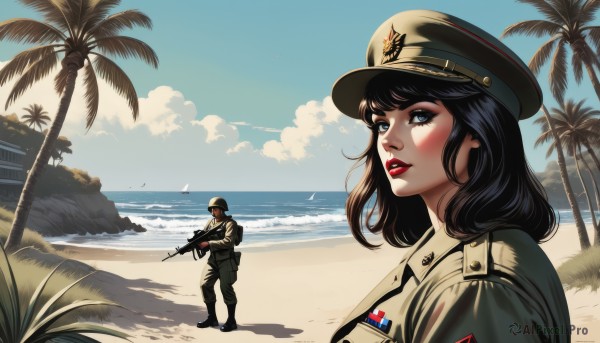 1girl,looking at viewer,blue eyes,brown hair,black hair,1boy,hat,holding,weapon,boots,outdoors,parted lips,sky,day,cloud,water,holding weapon,uniform,black eyes,tree,blue sky,lips,gun,military,military uniform,makeup,shadow,bird,ocean,beach,helmet,holding gun,peaked cap,rifle,military hat,sand,palm tree,red lips,assault rifle,soldier,lipstick,scenery,horizon