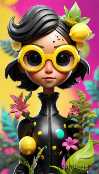 1girl,solo,looking at viewer,short hair,black hair,hair ornament,gloves,upper body,flower,food,black gloves,dark skin,blurry,black eyes,dark-skinned female,lips,fruit,leaf,plant,goggles,lemon,glasses,watermark,facial mark,web address,zipper,freckles,forehead mark,food-themed hair ornament,lemon slice