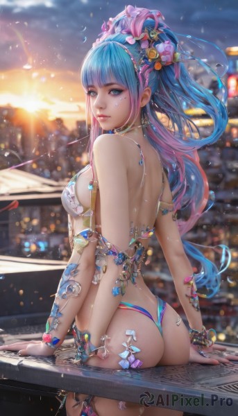 1girl,solo,long hair,breasts,looking at viewer,smile,bangs,blue eyes,hair ornament,bow,bare shoulders,jewelry,medium breasts,closed mouth,blue hair,standing,swimsuit,pink hair,ass,flower,bikini,multicolored hair,cowboy shot,outdoors,sky,looking back,cloud,hair flower,blunt bangs,from behind,nail polish,blurry,bracelet,two-tone hair,lips,eyelashes,sideboob,tattoo,gradient hair,depth of field,blurry background,arm support,back,building,bandaid,lens flare,thong,sunset,city,arms at sides,railing,sun,cityscape,thong bikini,sitting,ponytail,hair bow,parted lips,artist name,necklace,mole,petals,mole under eye,aqua hair,makeup,watermark,white bikini,pink bow,gem,web address,armlet,backlighting,beads,realistic,nose,anklet,mascara,sunrise