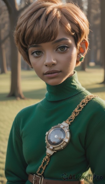 1girl,solo,looking at viewer,short hair,bangs,brown hair,long sleeves,brown eyes,jewelry,closed mouth,upper body,earrings,outdoors,day,belt,artist name,necklace,blurry,sweater,tree,lips,depth of field,blurry background,turtleneck,chain,sunlight,androgynous,buckle,freckles,watch,turtleneck sweater,realistic,nose,green shirt,very short hair,pocket watch,green sweater,parted lips,piercing