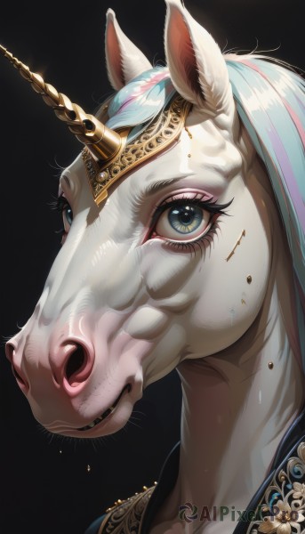 1girl,solo,looking at viewer,blue eyes,simple background,animal ears,blue hair,collarbone,pink hair,multicolored hair,horns,shiny,streaked hair,eyelashes,makeup,animal,horse ears,black background,portrait,single horn,eyeshadow,horse,unicorn,open mouth,lips,no humans,realistic