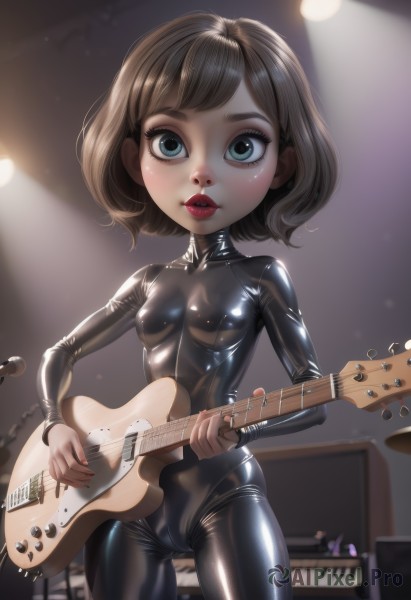 1girl,solo,breasts,looking at viewer,short hair,bangs,blue eyes,brown hair,holding,closed mouth,standing,cowboy shot,small breasts,shiny,indoors,blurry,covered nipples,lips,loli,bodysuit,makeup,blurry background,cameltoe,lipstick,instrument,skin tight,shiny clothes,music,black bodysuit,guitar,red lips,playing instrument,holding instrument,latex,electric guitar,drum,bass guitar,plectrum,latex bodysuit,drum set,green eyes,parted lips,eyelashes,nose,stage