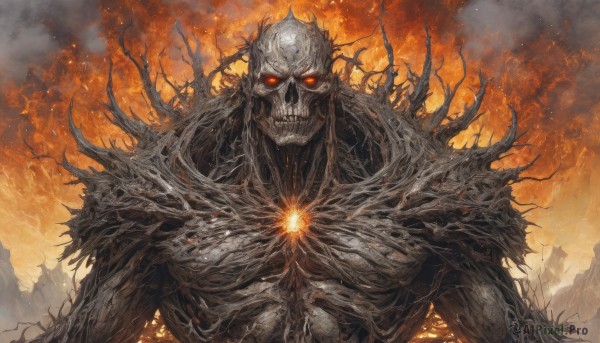 solo,looking at viewer,red eyes,1boy,upper body,male focus,teeth,no humans,glowing,fire,glowing eyes,1other,skull,monster,giant,ribs,skeleton,embers,burning,spikes,smoke,molten rock