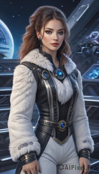 1girl,solo,long hair,breasts,looking at viewer,brown hair,long sleeves,brown eyes,jewelry,standing,cowboy shot,earrings,belt,pants,vest,lips,coat,grey eyes,fur trim,makeup,wavy hair,ring,lipstick,brooch,gem,star (sky),science fiction,realistic,white pants,nose,arms at sides,red lips,space,planet,ponytail,artist name,necklace,nail polish,forehead,eyeshadow,fur collar,curly hair