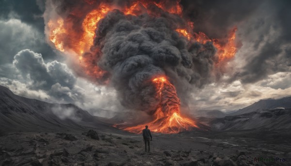 solo, 1boy, standing, outdoors, sky, cloud, cloudy sky, fire, scenery, mountain, molten rock