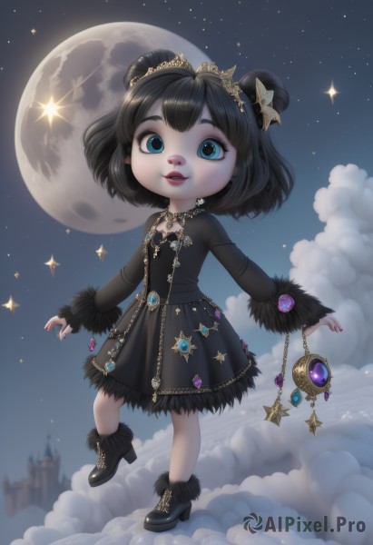 1girl,solo,looking at viewer,smile,short hair,open mouth,bangs,blue eyes,black hair,hair ornament,long sleeves,dress,holding,jewelry,standing,full body,boots,outdoors,parted lips,sky,teeth,artist name,cloud,signature,necklace,hair bun,star (symbol),nail polish,black footwear,black dress,high heels,lips,fur trim,double bun,makeup,night,moon,ring,tiara,crown,lipstick,brooch,gem,child,star (sky),night sky,full moon,pendant,high heel boots,starry sky,gold trim,star hair ornament,female child,fur-trimmed sleeves,castle,chibi