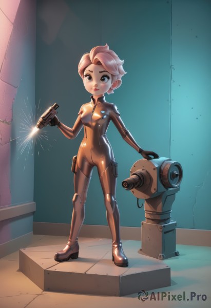 1girl,solo,breasts,looking at viewer,smile,short hair,blonde hair,brown hair,holding,brown eyes,medium breasts,closed mouth,standing,full body,weapon,pink hair,small breasts,shiny,holding weapon,high heels,lips,gun,bodysuit,robot,holding gun,skin tight,handgun,science fiction,shiny clothes,pouch,holster,latex,thigh holster,firing,energy gun,orange bodysuit,thigh pouch,laser,blue eyes,arm cannon,fireworks