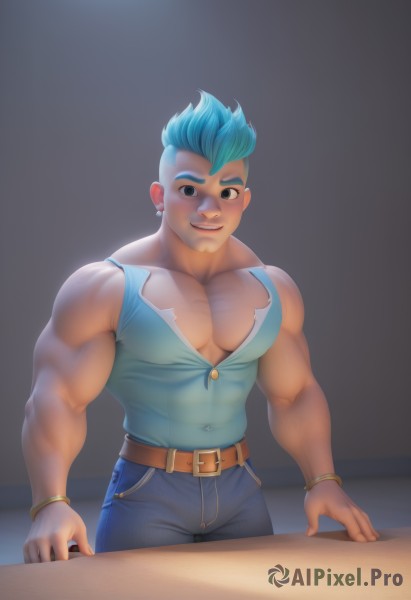 solo,looking at viewer,blush,smile,short hair,blue eyes,shirt,1boy,brown eyes,jewelry,blue hair,male focus,earrings,teeth,belt,pants,artist name,bracelet,muscular,piercing,abs,ring,thick eyebrows,tank top,blue shirt,pectorals,denim,muscular male,spiked hair,ear piercing,bara,large pectorals,bulge,jeans,blue pants,brown belt,pectoral cleavage,biceps,thick arms,leather belt,bare shoulders,sleeveless,torn clothes,buckle,belt buckle,bangle,undercut,aqua shirt,blue tank top