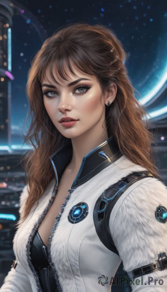 1girl,solo,long hair,breasts,looking at viewer,bangs,brown hair,cleavage,brown eyes,jewelry,medium breasts,jacket,upper body,earrings,open clothes,blurry,lips,coat,grey eyes,fur trim,eyelashes,makeup,blurry background,white jacket,lipstick,zipper,science fiction,realistic,nose,white coat,unzipped,red lips,stud earrings,long sleeves,parted lips,artist name,signature,open jacket,wavy hair,eyeshadow,eyeliner,strap