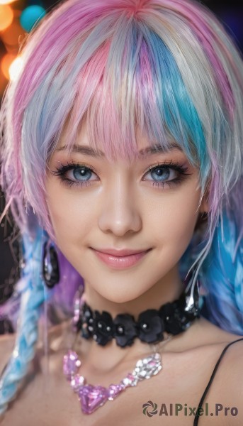 1girl,solo,long hair,looking at viewer,smile,bangs,blue eyes,jewelry,closed mouth,blue hair,collarbone,pink hair,braid,heart,multicolored hair,earrings,choker,necklace,blurry,two-tone hair,lips,eyelashes,makeup,depth of field,black choker,lipstick,portrait,close-up,eyeshadow,realistic,nose,pearl necklace,mascara,bare shoulders