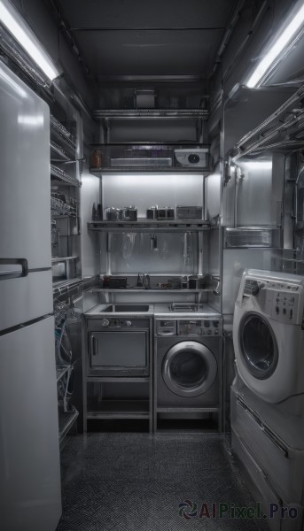 monochrome,indoors,no humans,window,bottle,scenery,door,cable,kitchen,speaker,ceiling,sink,ceiling light,refrigerator,air conditioner,stove,washing machine,solo,tiles,wide shot,laundry