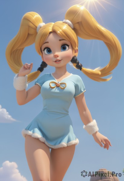 1girl,solo,long hair,breasts,looking at viewer,smile,open mouth,blue eyes,blonde hair,dress,twintails,jewelry,standing,short sleeves,thighs,earrings,small breasts,outdoors,parted lips,sky,teeth,day,cloud,hand up,blue sky,lips,fur trim,blue dress,thigh gap,short dress,sunlight,scrunchie,sun,blush,ribbon,medium breasts,braid,twin braids,wrist cuffs,wristband