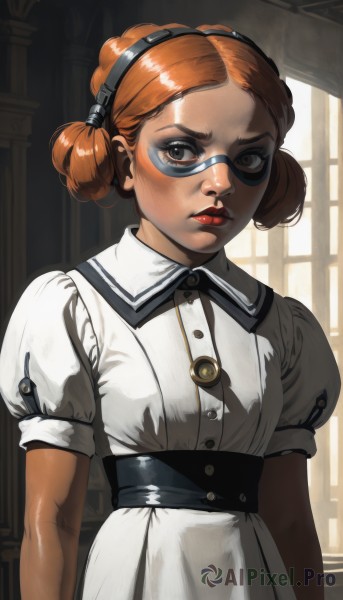 1girl,solo,looking at viewer,short hair,brown hair,dress,brown eyes,jewelry,closed mouth,upper body,short sleeves,hairband,puffy sleeves,indoors,necklace,hair bun,white dress,orange hair,puffy short sleeves,lips,window,double bun,makeup,buttons,lipstick,goggles,freckles,goggles on head,realistic,nose,collared dress,red lips,breasts,maid