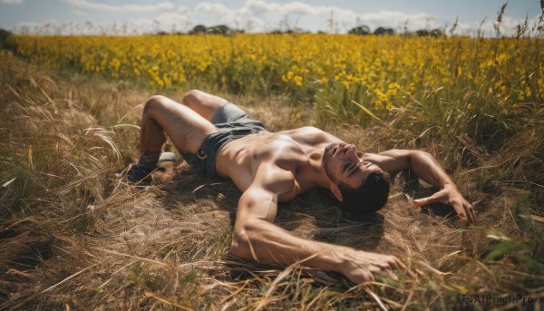 solo,short hair,black hair,1boy,navel,underwear,nipples,full body,flower,male focus,outdoors,lying,sky,shorts,day,on back,muscular,facial hair,bandages,black shorts,grass,pectorals,muscular male,bara,topless male,realistic,yellow flower,very short hair,male underwear,bandaged leg,field,on ground,flower field,photo background,leg hair,fine art parody,closed mouth,closed eyes,thighs,shoes,cloud,short shorts,abs,large pectorals,sideburns