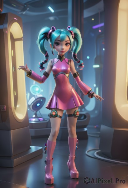 1girl,solo,long hair,breasts,looking at viewer,dress,bare shoulders,twintails,jewelry,blue hair,standing,full body,multicolored hair,earrings,small breasts,boots,detached sleeves,sleeveless,alternate costume,nail polish,high heels,bracelet,aqua eyes,lips,aqua hair,makeup,thigh strap,sleeveless dress,drill hair,short dress,knee boots,lipstick,pink dress,twin drills,high heel boots,pink footwear,hatsune miku,alternate hairstyle