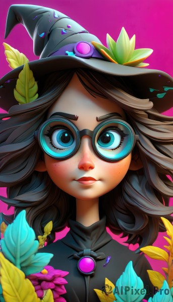 1girl,solo,looking at viewer,short hair,blue eyes,simple background,brown hair,black hair,hat,closed mouth,flower,glasses,medium hair,lips,eyelashes,black headwear,makeup,witch hat,leaf,pink background,feathers,gem,portrait,freckles,purple background,black-framed eyewear,blue flower,nose,round eyewear,purple flower,witch,long hair,dress,upper body,artist name,black dress,watermark,web address