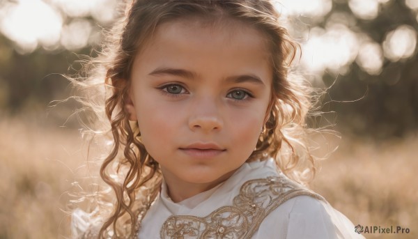 1girl,solo,long hair,looking at viewer,blue eyes,brown hair,jewelry,closed mouth,upper body,earrings,blurry,lips,grey eyes,eyelashes,depth of field,blurry background,wavy hair,portrait,forehead,curly hair,realistic,nose,backlighting,bokeh