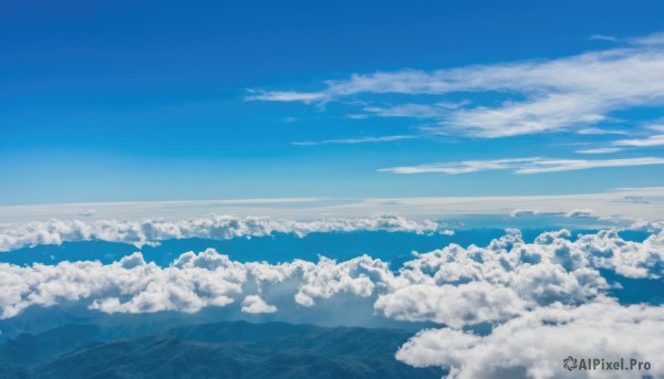 monochrome,outdoors,sky,day,cloud,blue sky,no humans,ocean,cloudy sky,scenery,blue theme,mountain,horizon,landscape,above clouds,signature,water,nature,island