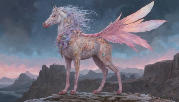 solo,long hair,blue eyes,standing,full body,outdoors,wings,horns,sky,cloud,from side,no humans,night,animal,cloudy sky,star (sky),scenery,single horn,mountain,fantasy,gradient sky,taur,unicorn,feathers,starry sky,horse,cliff