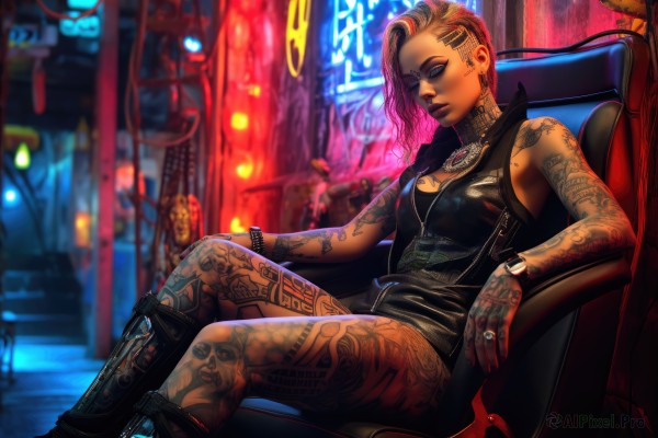 1girl,solo,long hair,breasts,looking at viewer,jewelry,medium breasts,sitting,closed mouth,pink hair,red hair,multicolored hair,earrings,small breasts,boots,sleeveless,solo focus,dark skin,necklace,black footwear,blurry,vest,bracelet,two-tone hair,dark-skinned female,lips,tattoo,makeup,blurry background,chair,piercing,ring,knee boots,crossed legs,lipstick,eyeshadow,science fiction,asymmetrical hair,watch,nose,wristwatch,eyeliner,arm tattoo,shoulder tattoo,undercut,facial tattoo,cyborg,leg tattoo,thumb ring,cyberpunk,neon lights,brown hair,cleavage,purple hair,medium hair,nail polish,official alternate costume,zipper,full-body tattoo