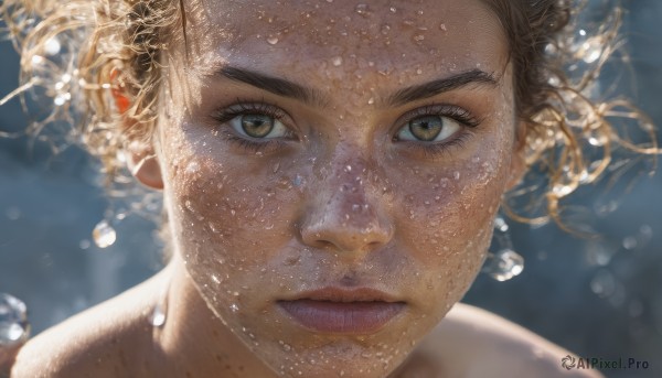 1girl,solo,looking at viewer,short hair,brown hair,hair ornament,brown eyes,closed mouth,water,blurry,lips,eyelashes,blurry background,thick eyebrows,portrait,close-up,freckles,bubble,underwater,realistic,nose,air bubble,black hair,serious,water drop