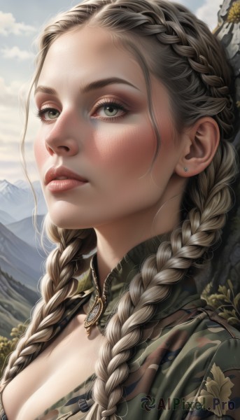 1girl,solo,long hair,breasts,looking at viewer,blonde hair,large breasts,brown hair,hair ornament,cleavage,jewelry,medium breasts,green eyes,upper body,braid,earrings,outdoors,parted lips,sky,day,cloud,necklace,twin braids,lips,grey eyes,eyelashes,makeup,looking up,portrait,hair over shoulder,forehead,freckles,mountain,realistic,nose,stud earrings,mascara,multiple braids,blush,grey hair,artist name,signature,blue sky,sunlight,cloudy sky,crown braid