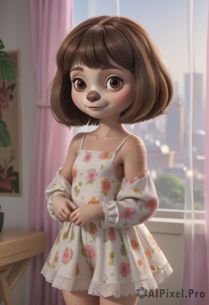 1girl,solo,looking at viewer,blush,smile,short hair,bangs,brown hair,long sleeves,dress,brown eyes,closed mouth,underwear,standing,collarbone,panties,cowboy shot,indoors,off shoulder,white dress,white panties,blurry,flat chest,loli,window,blurry background,floral print,bob cut,curtains,child,furry,freckles,furry female,breasts,bare shoulders,lips,chair,table