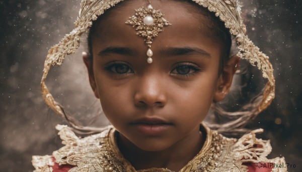 1girl,solo,looking at viewer,brown hair,hair ornament,brown eyes,jewelry,closed mouth,parted lips,dark skin,black eyes,dark-skinned female,lips,eyelashes,portrait,light particles,close-up,realistic,nose,straight-on,very dark skin,short hair,black hair,lace,headdress