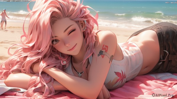 1girl,long hair,breasts,looking at viewer,blush,smile,multiple girls,large breasts,shirt,navel,cleavage,bare shoulders,brown eyes,jewelry,medium breasts,closed mouth,white shirt,pink hair,earrings,outdoors,lying,one eye closed,shorts,sleeveless,solo focus,day,midriff,belt,pants,artist name,water,necklace,lips,crop top,grey eyes,bare arms,sleeveless shirt,tattoo,makeup,ocean,on side,beach,black pants,piercing,tank top,denim,on stomach,towel,buckle,black belt,;),hoop earrings,belt buckle,sand,arm tattoo,shoulder tattoo,white tank top,blue eyes,1boy,swimsuit,bikini,watermark,floral print,ear piercing,eyeshadow,swim trunks,flower tattoo