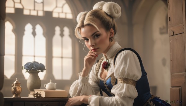 1girl,solo,breasts,looking at viewer,short hair,blue eyes,blonde hair,shirt,long sleeves,dress,cleavage,jewelry,medium breasts,white shirt,upper body,flower,earrings,small breasts,frills,parted lips,horns,puffy sleeves,artist name,indoors,hair bun,nail polish,blurry,cup,lips,fingernails,clothing cutout,eyelashes,window,double bun,makeup,depth of field,blurry background,blue dress,rose,cleavage cutout,table,lipstick,juliet sleeves,brooch,red nails,corset,finger to mouth,puffy long sleeves,teacup,blue flower,nose,red lips,blue rose,teapot,sheep horns,vase,smile,leaning forward,sunlight,backlighting,realistic