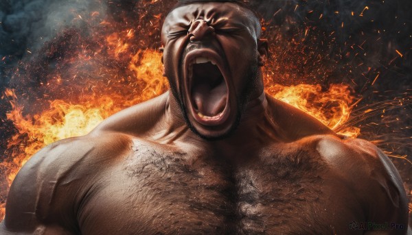 solo,open mouth,1boy,upper body,white hair,male focus,teeth,dark skin,muscular,facial hair,dark-skinned male,fire,pectorals,muscular male,beard,topless male,realistic,bald,manly,explosion,chest hair,arm hair,embers,hairy,burning,tongue,angry,veins,shouting,screaming