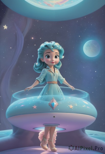 1girl,solo,long hair,looking at viewer,smile,blue eyes,dress,brown eyes,blue hair,standing,full body,sky,shoes,belt,artist name,signature,medium hair,star (symbol),high heels,lips,aqua hair,makeup,blue dress,moon,gem,star (sky),starry sky,curly hair,space,planet,blush,closed mouth,tree,night,watermark,brown footwear,night sky,full moon,fish