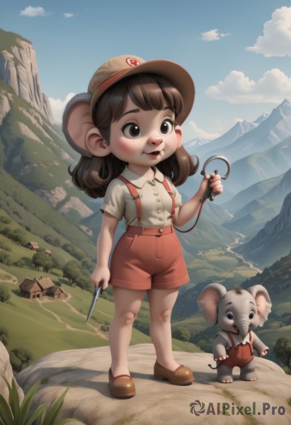 1girl,long hair,blush,smile,open mouth,bangs,brown hair,shirt,hat,holding,animal ears,brown eyes,standing,tail,full body,white shirt,short sleeves,outdoors,sky,shoes,shorts,teeth,day,collared shirt,cloud,medium hair,black eyes,blue sky,animal,upper teeth only,brown footwear,suspenders,grass,child,furry,freckles,mountain,mouse ears,brown headwear,female child,red shorts,mouse tail,mouse,mountainous horizon,mouse girl,suspender shorts,buck teeth,solo