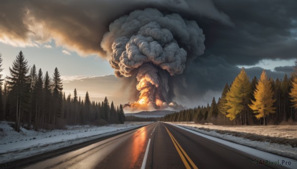 outdoors,sky,day,cloud,tree,no humans,cloudy sky,nature,scenery,snow,forest,monster,mountain,road,railroad tracks,pine tree,fire,smoke,landscape