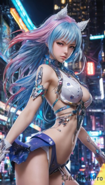 1girl,solo,long hair,breasts,looking at viewer,bangs,large breasts,gloves,navel,animal ears,cleavage,brown eyes,medium breasts,blue hair,swimsuit,pink hair,bikini,multicolored hair,cowboy shot,parted lips,midriff,cat ears,two-tone hair,lips,gradient hair,night,revealing clothes,science fiction,city,city lights,bare shoulders,closed mouth,weapon,artist name,signature,armor,blurry,from side,animal ear fluff,blurry background,watermark,armlet,realistic,bikini armor