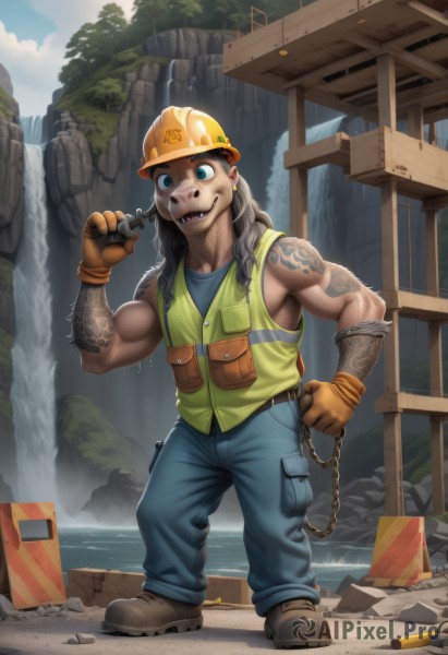 solo,long hair,looking at viewer,smile,open mouth,blue eyes,shirt,black hair,gloves,1boy,bare shoulders,green eyes,standing,full body,male focus,boots,outdoors,sky,teeth,sleeveless,day,belt,pants,artist name,cloud,water,vest,tree,blue sky,tattoo,muscular,chain,watermark,brown footwear,helmet,sharp teeth,brown gloves,pocket,rock,muscular female,blue pants,arm tattoo,shoulder tattoo,waterfall,hardhat,earrings,shoes,fangs,yellow gloves