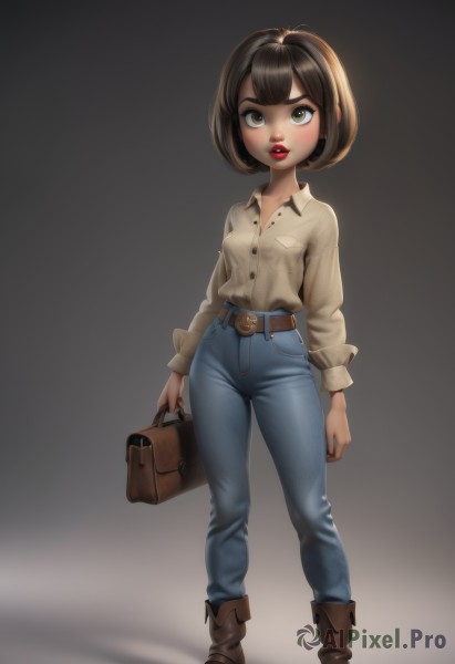 1girl,solo,breasts,looking at viewer,short hair,bangs,simple background,brown hair,shirt,black hair,long sleeves,holding,brown eyes,standing,full body,white shirt,small breasts,boots,parted lips,collared shirt,belt,pants,grey background,bag,lips,gradient,gradient background,dress shirt,makeup,buttons,shadow,brown footwear,bob cut,denim,lipstick,black background,buckle,pocket,jeans,belt buckle,blue pants,red lips,female child,brown belt,holding bag,briefcase,blush