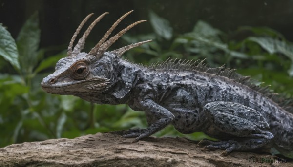 solo,outdoors,blurry,from side,no humans,depth of field,blurry background,animal,leaf,plant,science fiction,monster,realistic,creature,animal focus,dinosaur,lizard,tail,full body,horns,teeth,sharp teeth,nature,claws,spikes,scales