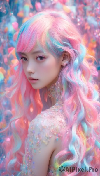 1girl,solo,long hair,looking at viewer,bangs,dress,jewelry,closed mouth,blue hair,upper body,pink hair,flower,multicolored hair,earrings,looking back,blurry,black eyes,from side,two-tone hair,lips,petals,aqua hair,makeup,blurry background,wavy hair,eyeshadow,nose,rainbow hair,bare shoulders,artist name,eyelashes,watermark,expressionless,realistic