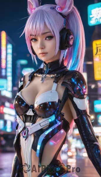 1girl,solo,long hair,breasts,looking at viewer,smile,bangs,animal ears,cleavage,medium breasts,upper body,ponytail,pink hair,multicolored hair,outdoors,blurry,two-tone hair,lips,grey eyes,bodysuit,night,depth of field,blurry background,fake animal ears,headgear,headphones,science fiction,cyberpunk,closed mouth,blue hair,small breasts,armor,animal ear headphones,neon lights