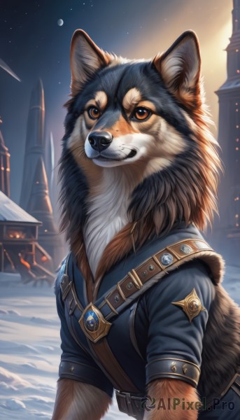 solo,looking at viewer,1boy,brown eyes,jewelry,jacket,upper body,short sleeves,male focus,outdoors,sky,belt,artist name,signature,orange eyes,fur trim,no humans,night,animal,moon,brooch,building,gem,star (sky),night sky,furry,snow,starry sky,dog,snowing,animal focus,wolf,black fur,teeth,watermark,blue jacket,realistic