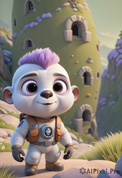 solo,smile,open mouth,gloves,1boy,animal ears,brown eyes,standing,full body,pink hair,purple hair,male focus,multicolored hair,outdoors,sky,teeth,artist name,bag,blurry,black eyes,blurry background,backpack,grass,furry,rock,furry male,spacesuit,buck teeth,astronaut,colored skin,building,realistic,house