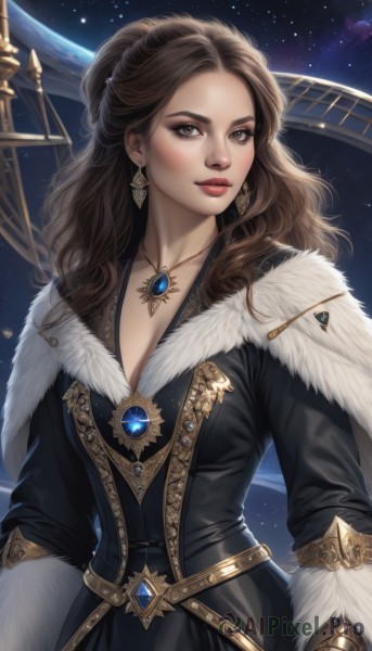 1girl,solo,long hair,breasts,looking at viewer,brown hair,gloves,long sleeves,dress,cleavage,brown eyes,jewelry,medium breasts,collarbone,upper body,earrings,sky,belt,necklace,lips,coat,fur trim,makeup,wavy hair,gem,star (sky),pendant,half updo,starry sky,nose,red lips,space,planet,artist name,cape,black dress,lipstick,forehead,realistic,earth (planet)