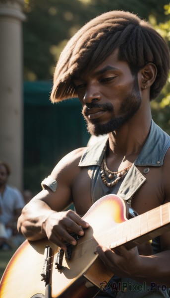 smile,short hair,brown hair,shirt,black hair,1boy,hat,holding,jewelry,sitting,closed eyes,upper body,male focus,earrings,multiple boys,sleeveless,solo focus,dark skin,2boys,necklace,blurry,blurry background,facial hair,piercing,dark-skinned male,denim,instrument,beard,realistic,nose,mustache,music,straw hat,guitar,singing,playing instrument,holding instrument,chest hair,very dark skin,dreadlocks,afro,acoustic guitar,solo,jacket,vest,lips,depth of field,tank top,manly,electric guitar,denim jacket