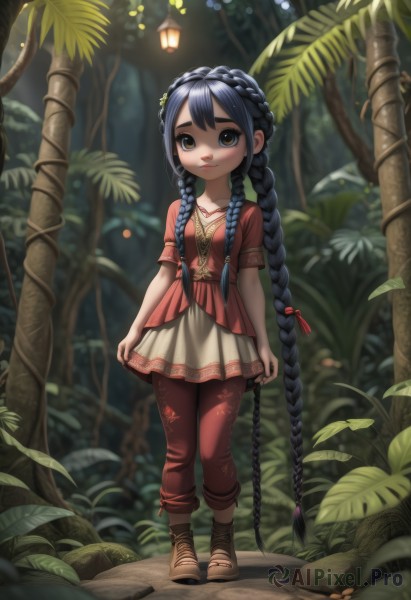 1girl,solo,long hair,looking at viewer,smile,bangs,skirt,black hair,hair ornament,dress,ribbon,brown eyes,jewelry,very long hair,standing,full body,hair ribbon,braid,short sleeves,boots,outdoors,pants,necklace,blurry,twin braids,tree,leaf,brown footwear,thick eyebrows,plant,child,nature,forest,lantern,multiple braids,shirt,twintails,blue hair,artist name,toes,sandals,grass,red shirt,toenails