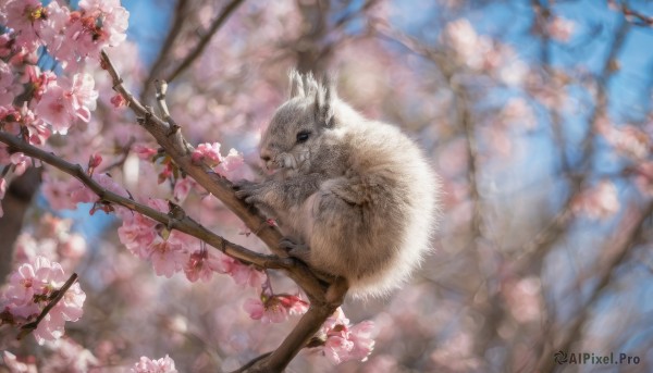 flower, outdoors, blurry, tree, no humans, depth of field, bird, animal, cherry blossoms, realistic, branch, animal focus