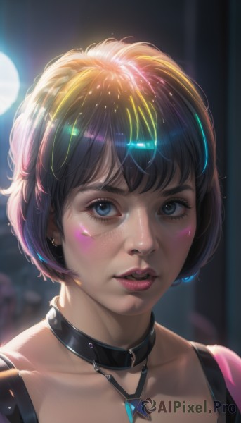 1girl,solo,looking at viewer,short hair,bangs,blue eyes,jewelry,collarbone,purple hair,multicolored hair,earrings,parted lips,choker,shiny,necklace,blurry,collar,lips,eyelashes,makeup,blurry background,piercing,lipstick,ear piercing,portrait,close-up,pendant,freckles,realistic,nose,brown hair,black hair,upper body,teeth,artist name,streaked hair,night,depth of field,black choker,bob cut,thick eyebrows,backlighting,pink lips,facepaint,mascara