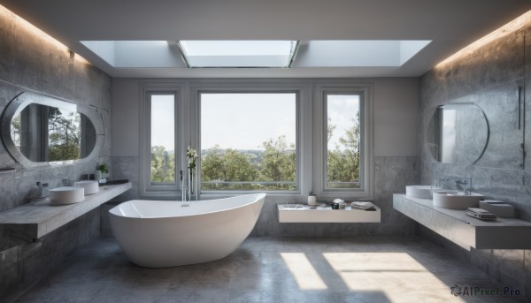 sky,day,cloud,indoors,tree,cup,no humans,window,shadow,table,sunlight,plant,scenery,reflection,mirror,door,potted plant,wall,bathroom,bathtub,toilet,sink,faucet